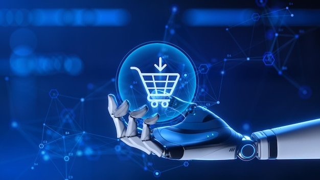 AI robot hand adding product to cart representing artificial intelligence transforming e-commerce discovery