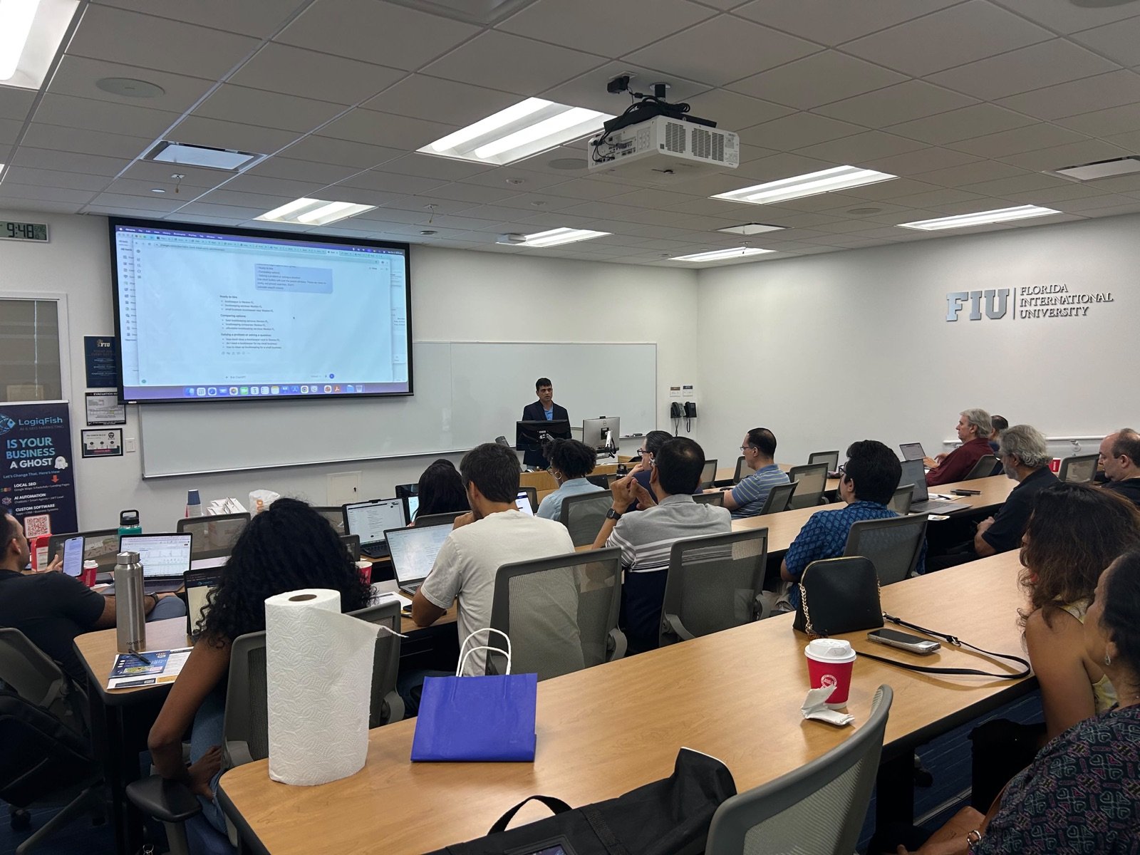 Abhi Puttanna presenting The Gator Effect workshop to a full classroom at FIU Miramar