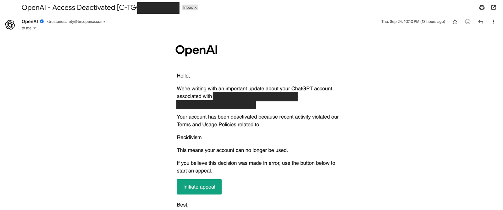 OpenAI email saying my AI account was closed for "Recidivism"