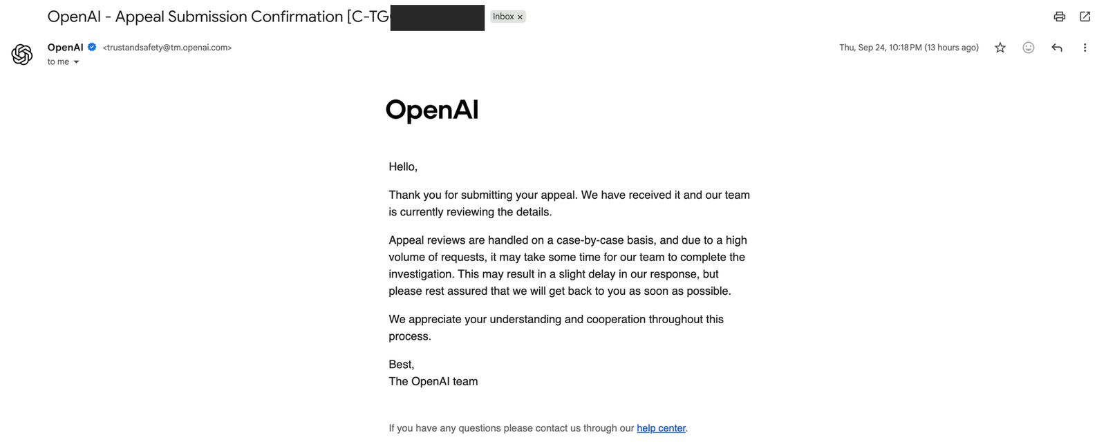 Appeal submission confirmation