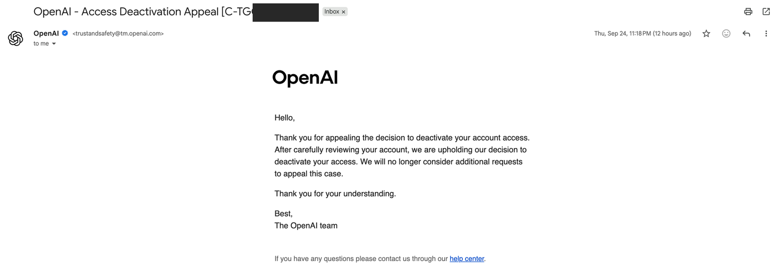 Appeal rejected one hour later