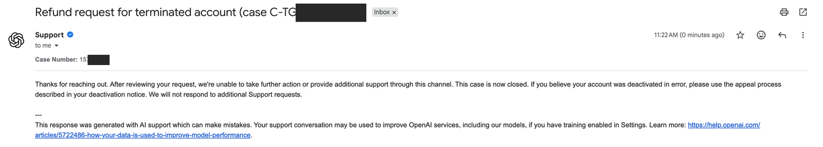 OpenAI support's AI-generated reply closing the refund request