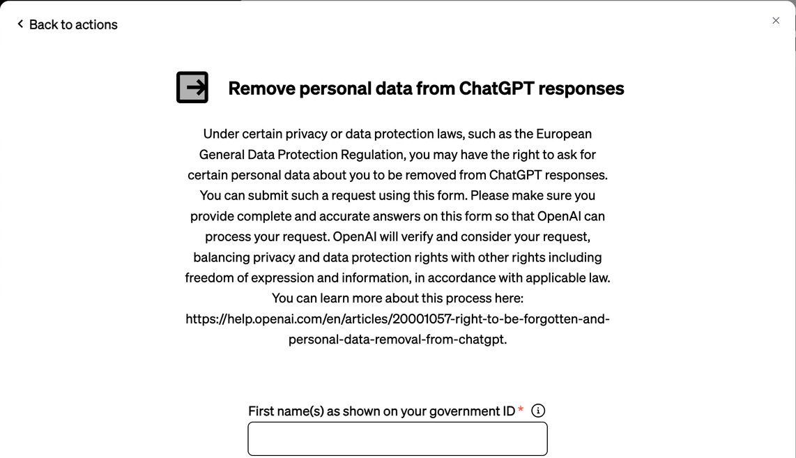 The "Remove personal data from ChatGPT responses" form