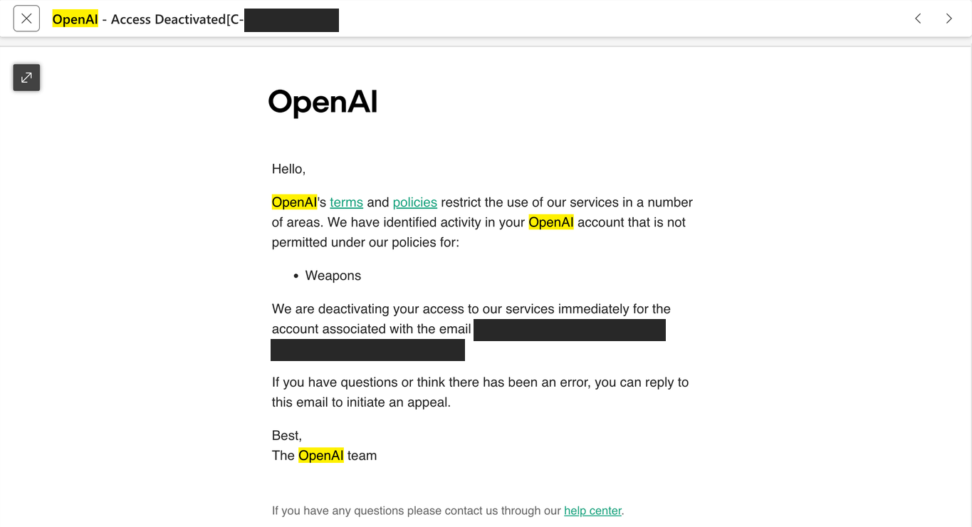 OpenAI's 2025 deactivation email for the family account, citing "Weapons"