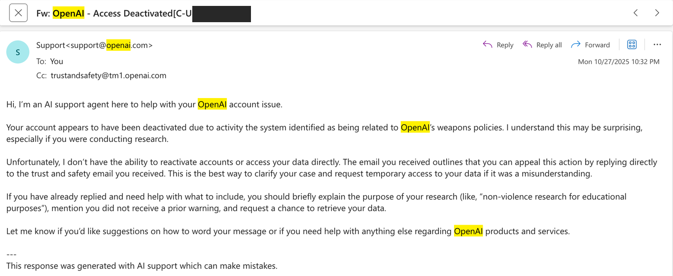 OpenAI's AI support agent reply, October 2025