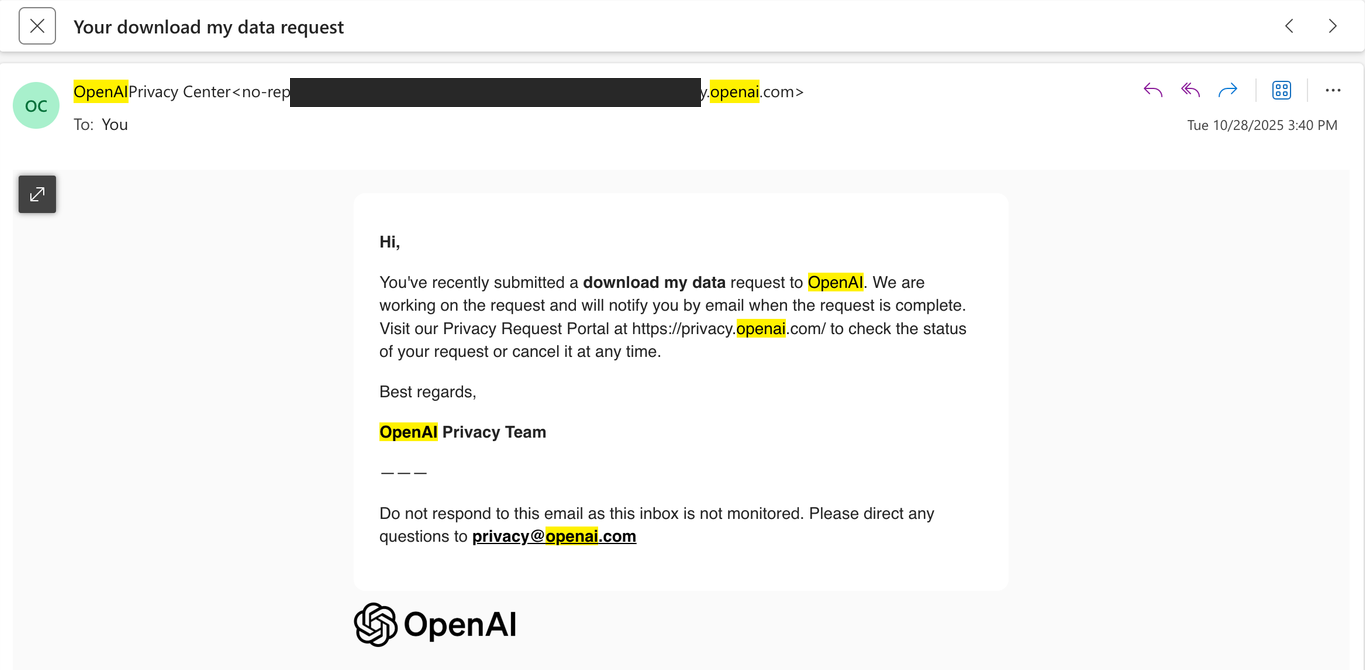 OpenAI privacy acknowledgment of the October 2025 data request