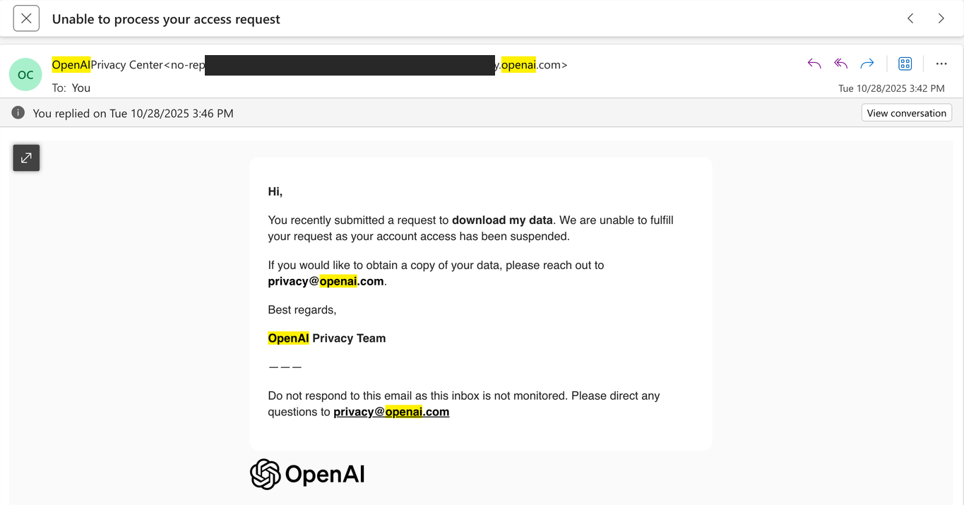 OpenAI privacy portal refusing the data request because the account was suspended