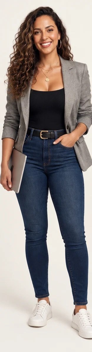 AI influencer Mari in a blazer and jeans for studio content