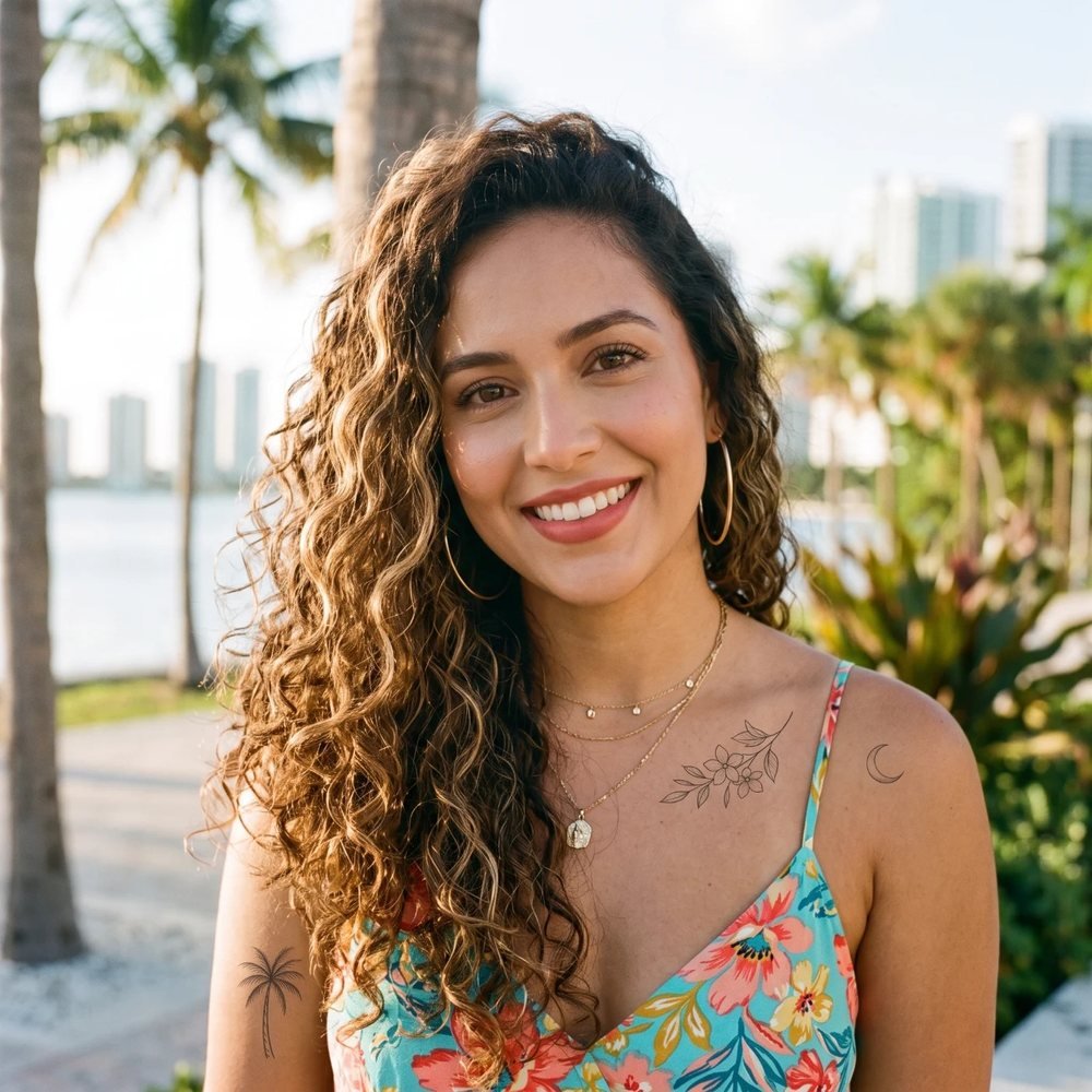 Mari Means Business, the AI influencer created by LogiqFish, smiling on the Miami waterfront
